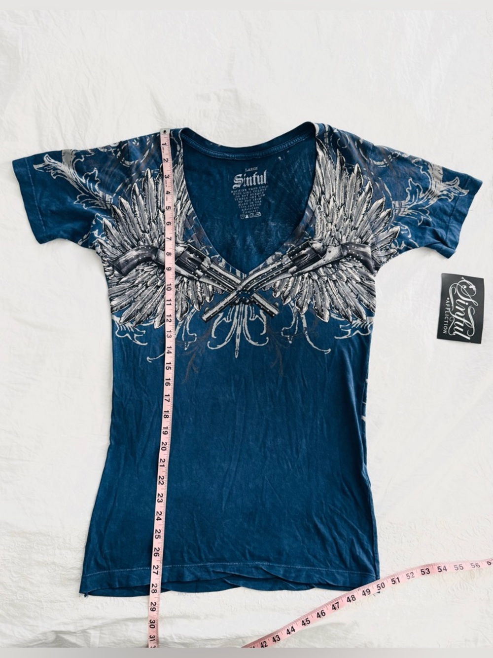 Sinful by Affliction V-Neck 
Blue & White Winged Guns with Rhinestones - Picture 4 of 9